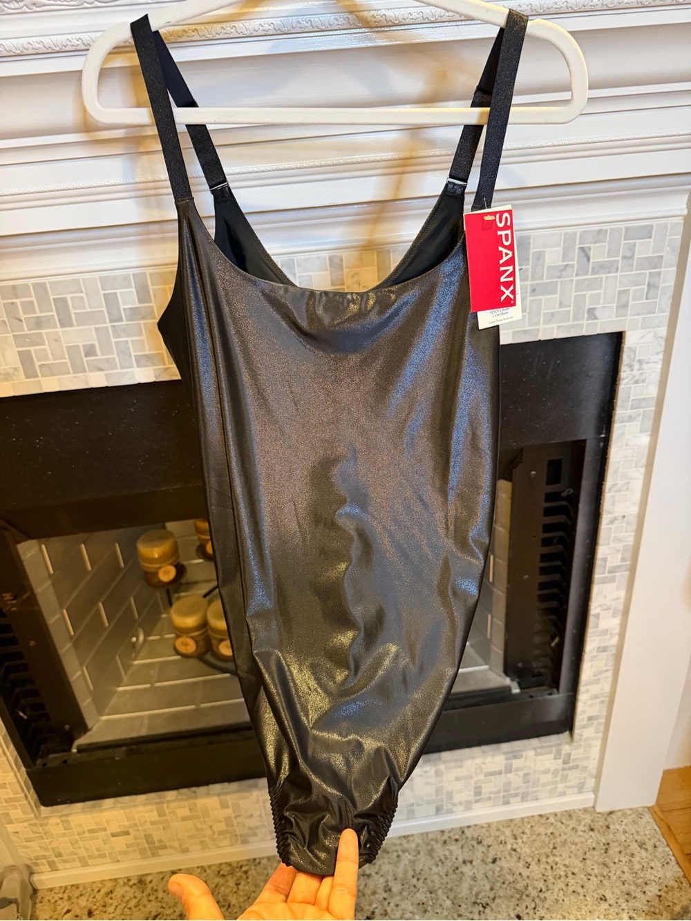 SPANX Black Shiny Control Bodysuit with Adjustable Straps